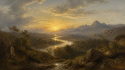 a vast valley with a river winding toward distant mountains at sunrise, no people, no text