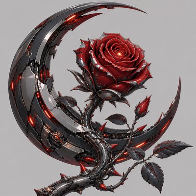 a rose entwined with a crescent moon, clean balanced composition on a plain background, no text