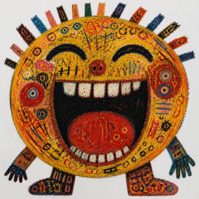 an exaggerated laughing face of an original round mascot character, bold and readable at small size, plain background, no text