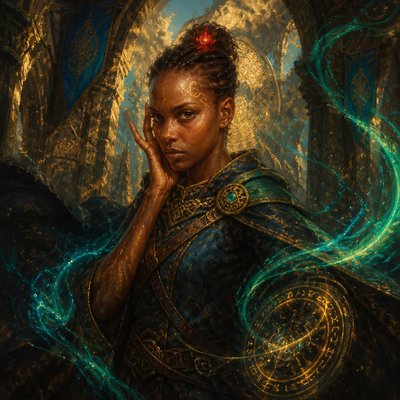 a painting of a woman in a fantasy setting