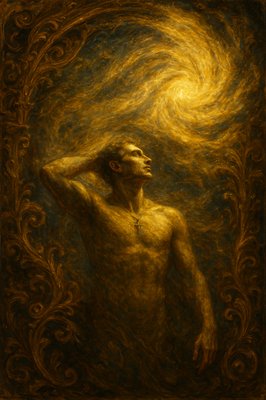 a painting of a man standing in front of a sun