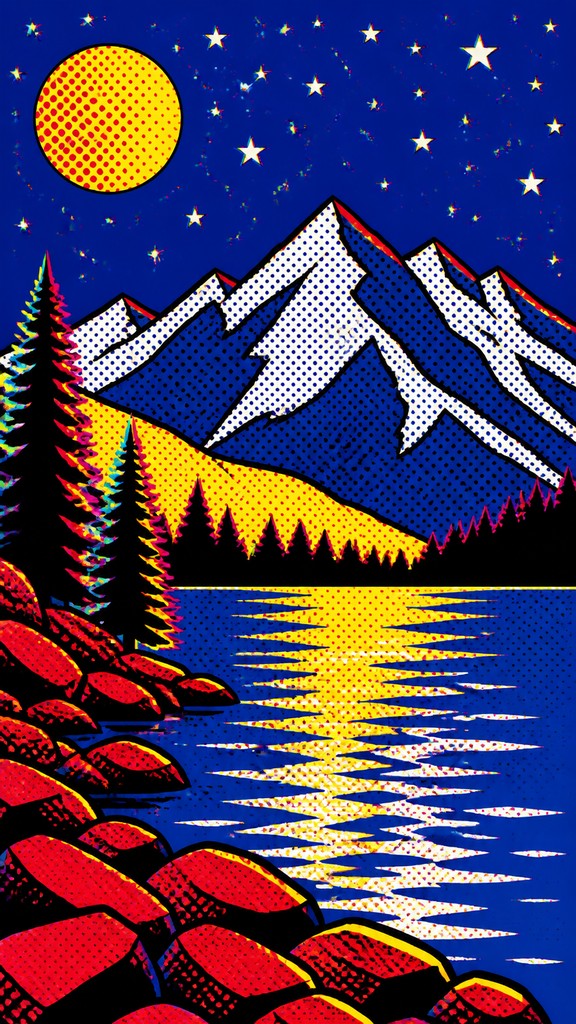 a tranquil mountain lake beneath a starry night sky, no people, no text