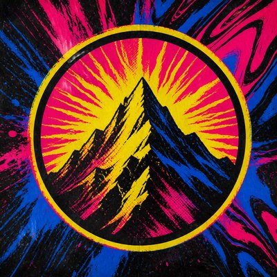 an emblem of a mountain peak inside a circle, simple bold shapes on a plain background, no text or lettering