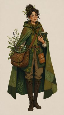 full-body original character: a wandering botanist with a satchel of plants, a patched green cloak, tall boots and round glasses, neutral background