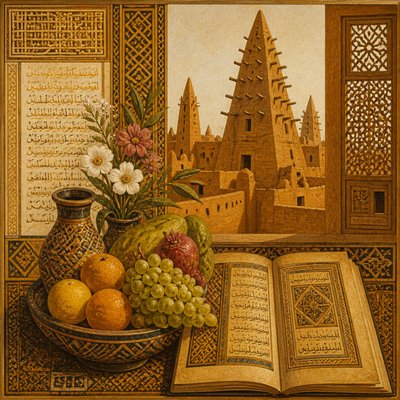 still life arrangement of fruits and flowers