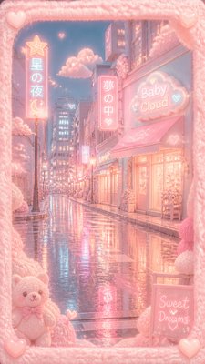 a quiet rainy city street at night reflecting neon signs, no people