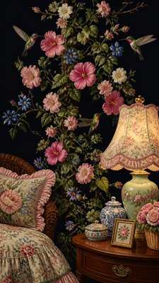 a climbing vine of flowers and hummingbirds on a dark background, tall wrapping composition, no text