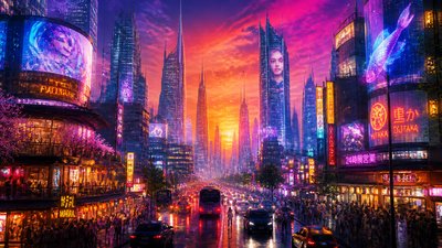 bustling city street panorama at dusk