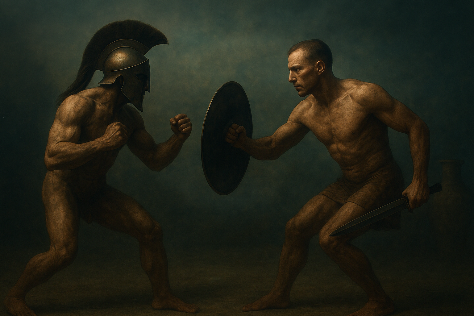 a painting of two men fighting with each other