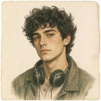 head-and-shoulders portrait of an original character: a young man with curly dark hair and headphones around his neck, plain backdrop, no text