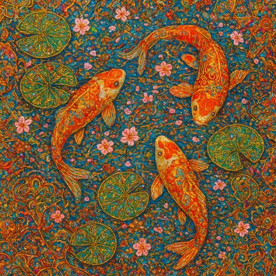 A koi pond seen from above, orange and white koi fish swimming among lily pads, clear water with subtle ripples, fallen cherry blossom petals floating on the surface, dappled sunlight