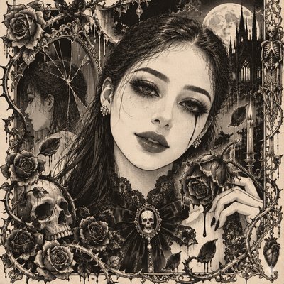 a drawing of a woman with a gothic make up