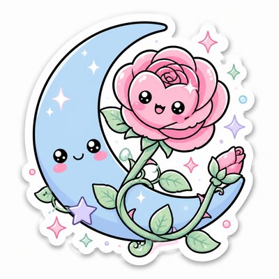 a rose entwined with a crescent moon, clean balanced composition on a plain background, no text