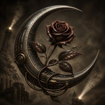 a rose entwined with a crescent moon, clean balanced composition on a plain background, no text