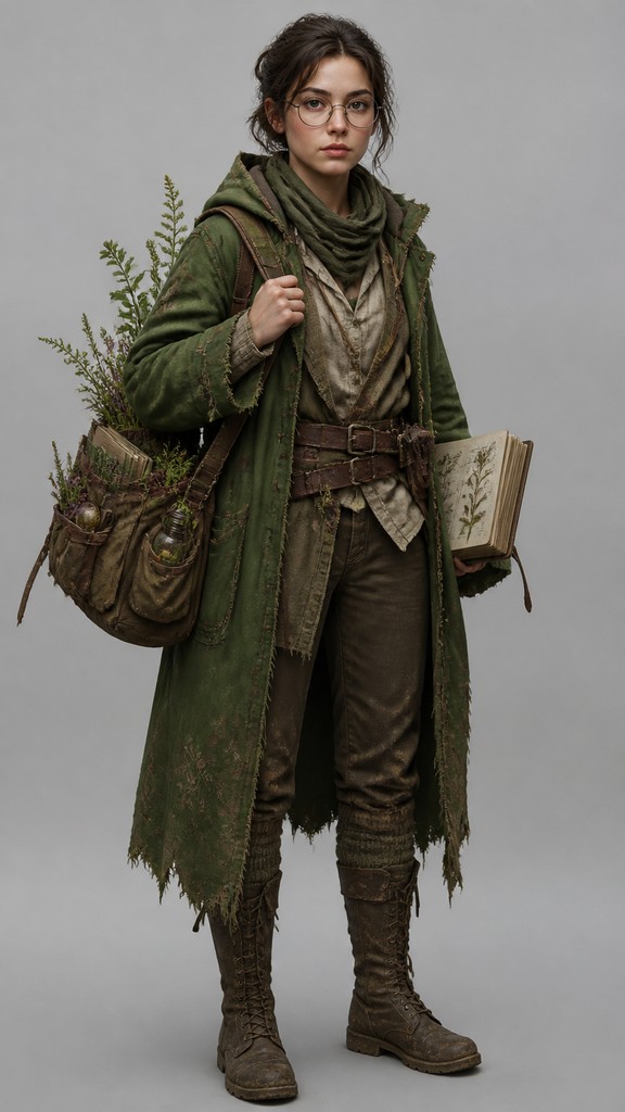 full-body original character: a wandering botanist with a satchel of plants, a patched green cloak, tall boots and round glasses, neutral background