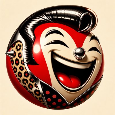 an exaggerated laughing face of an original round mascot character, bold and readable at small size, plain background, no text