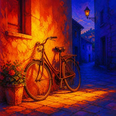 bicyle resting against a wall — Color Temperature Art Style