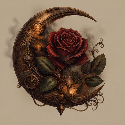 a rose entwined with a crescent moon, clean balanced composition on a plain background, no text