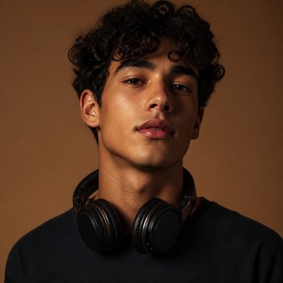 head-and-shoulders portrait of an original character: a young man with curly dark hair and headphones around his neck, plain backdrop, no text
