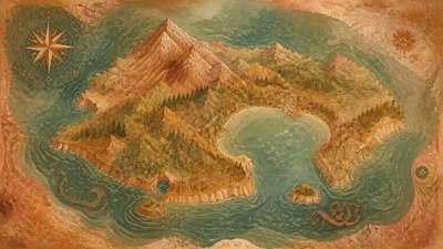 a map of an island realm with mountains, forests, a sheltered bay, sea monsters in the water and a compass rose, no text labels