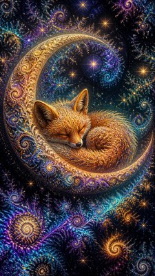 a sleeping baby fox curled on a crescent moon among soft stars, gentle and warm, no text