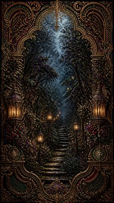 a mysterious forest path with fireflies and drifting mist, atmospheric vertical composition with open space at the top, no text