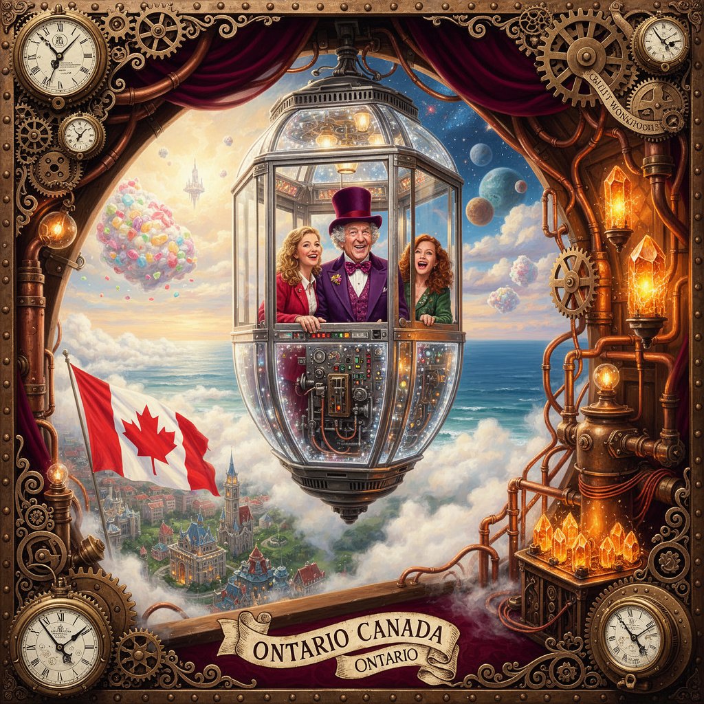 An awe-inspiring and whimsical scene featuring Willy Wonka's Great Glass Wonkavator, soaring through the sky and beyond the confines of Ontario Canada and its flag. The Wonkavator itself is a magnificent, multi-directional glass elevator, transparent and sparkling, with Willy Wonka (wearing his iconic top hat, purple coat, and bowtie) and 2 Canadian ladies looking out with expressions of joy, wonder and excitement. The interior is filled with intricate buttons and levers for controlling its magical flight. The Wonkavator is depicted in mid-flight, ascending above the clouds flying out to the ocean. Below it, the fantastical landscape of Ontario Canada is visible with a large Canadian flay flying over the city. – and various whimsical buildings. Beyond Ontario, a stunning, imaginative sky unfolds, perhaps with floating candy clouds, distant fantastical landmarks, or even glimpses of outer space and planets. The lighting is bright and magical, emphasizing the glass's transparency and the vibrant colors of the world below and beyond. The overall mood is one of boundless adventure, limitless possibilities, and pure, joyful fantasy."