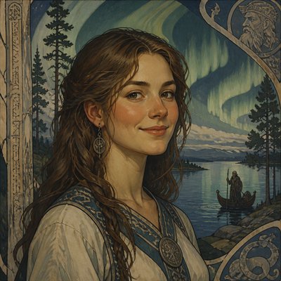 head-and-shoulders portrait of an original character: a young woman with wavy chestnut hair and a warm smile, plain soft backdrop