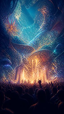a live music scene with a glowing stage and silhouetted crowd, energetic vertical composition with open space at the top, no text