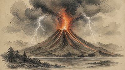 an erupting volcano with lightning strikes, dramatic wide composition, no text