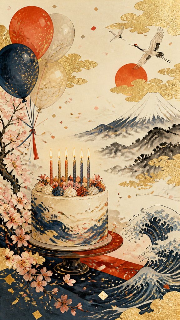 a birthday cake with lit candles surrounded by balloons and confetti, festive vertical composition, no text