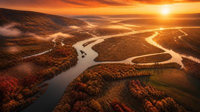 a wide river delta seen from above at sunset, no people