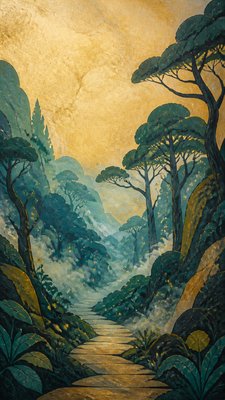 a mysterious forest path with fireflies and drifting mist, atmospheric vertical composition with open space at the top, no text