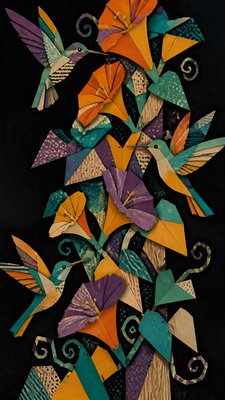 a climbing vine of flowers and hummingbirds on a dark background, tall wrapping composition, no text