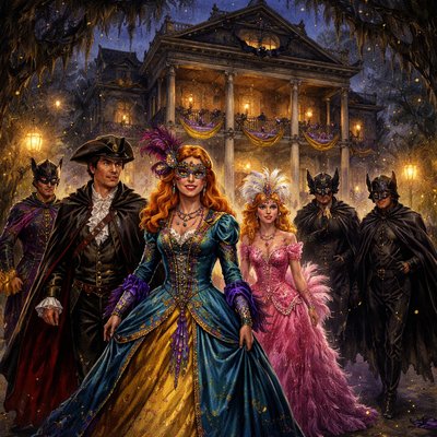 Exterior nighttime scene from Nancy Drew book #81 The Mardi Gras Mystery, the group in full festive costumes arriving at the grand, shadowy Seaton Mansion known as 'Bat Hollow' in New Orleans during Mardi Gras. Teenage detective Nancy Drew leads the way with reddish-blonde hair, wearing an elegant masquerade gown in blue and gold with purple accents, feathered half-mask, strands of colorful beads, and a mysterious smile. Beside her, Ned Nickerson in a dashing tuxedo or pirate-inspired costume with cape and tricorn hat. Bess Marvin (blonde, glamorous) in a sparkling pink feathered ball gown and elaborate headdress, George Fayne (short dark hair, sporty) in a fun jester outfit or adventurous explorer costume with mask. Brian Seaton and his father Bartholomew nearby in partial bat-themed costumes—dark capes, bat-wing collars, eerie masks with pointed ears. The historic Southern mansion looms behind: tall columns, wrought-iron balconies draped with Mardi Gras lights and purple/green/gold banners, flickering lanterns at the entrance, Spanish moss in ancient oaks, subtle bat motifs in the architecture, warm glowing windows hinting at antique interiors and the stolen portrait. Festive yet slightly eerie atmosphere—confetti in the air, distant parade sounds implied, dramatic twilight sky with stars, vibrant colors against gothic shadows. 1980s Nancy Drew book illustration style, adventurous and exciting, detailed costumes and group dynamic, cinematic wide-angle composition, lively holiday energy mixed with subtle suspense."


