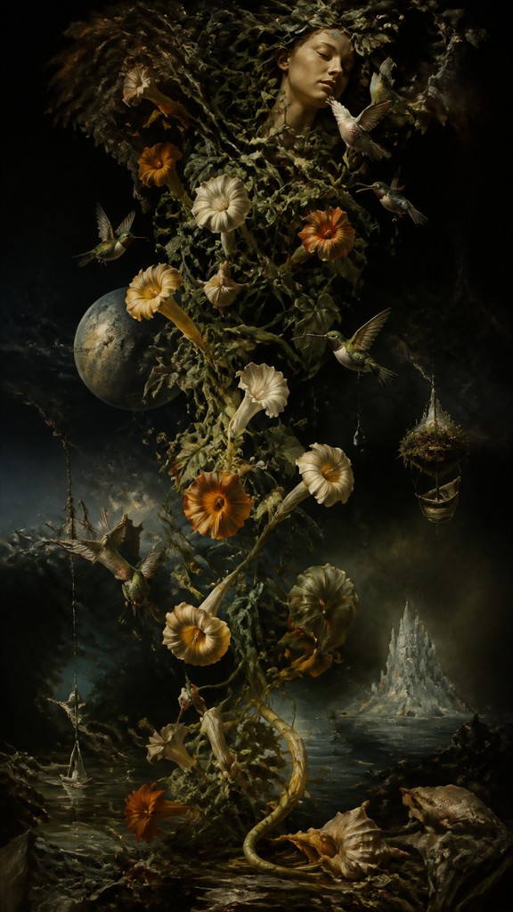 a climbing vine of flowers and hummingbirds on a dark background, tall wrapping composition, no text