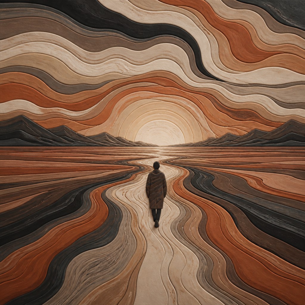 a solitary figure walking toward a glowing horizon across an empty plain, moody atmosphere, no text or lettering