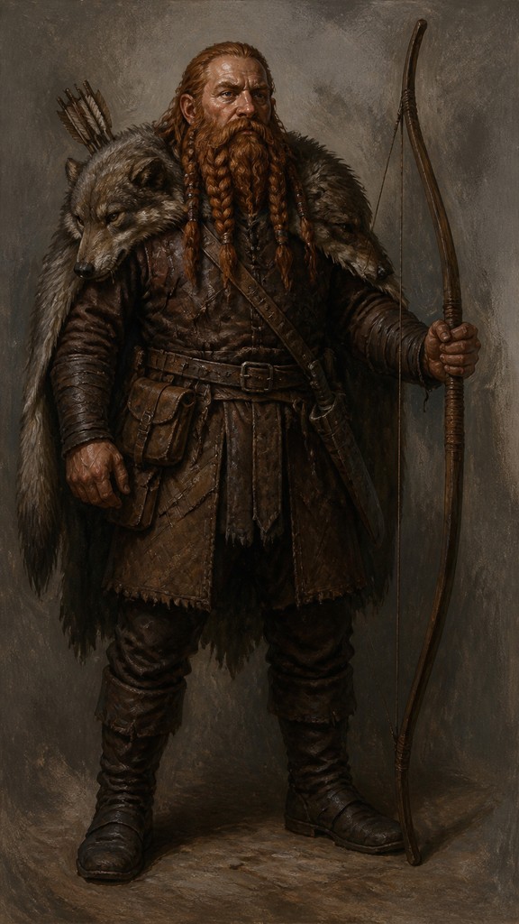 full-body original character: a dwarven ranger with a braided auburn beard, worn leather armor, a longbow and a wolf-pelt cloak, neutral background, no text