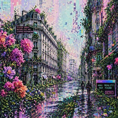 a painting of a person walking down a city street