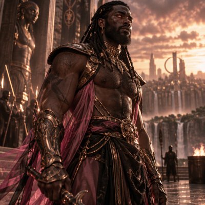 Je veux que tu me fasses un guerrier, tres modern avec une armure moderne genre full rose noir argenté sombre et voileen soie transparent mais juste un peu si besoin mais il a une armure en or genre le voile c’est juste histoire de rajouter du tissu sans manche ni haut in voit ses muscle et il a une barbe et des cheveux locks il est hot et poilu pour le realisme il est brun et a des yeux rose orangé brillant brillant, on dirait presque un dieu de l’ afrique ancien avec l’ethnie noir