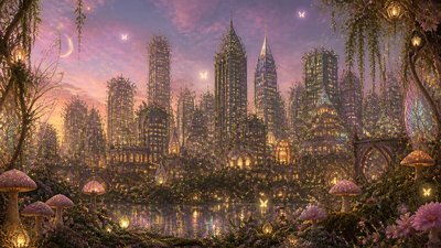 a city skyline panorama at dusk with glowing windows, no people