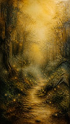 a mysterious forest path with fireflies and drifting mist, atmospheric vertical composition with open space at the top, no text
