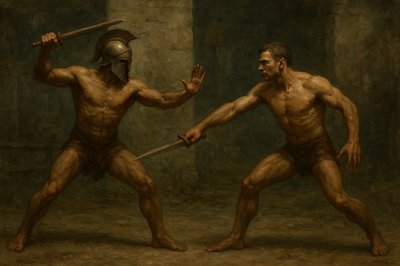 a painting of two men fighting each other