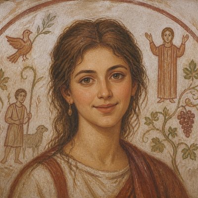 head-and-shoulders portrait of an original character: a young woman with wavy chestnut hair and a warm smile, plain soft backdrop