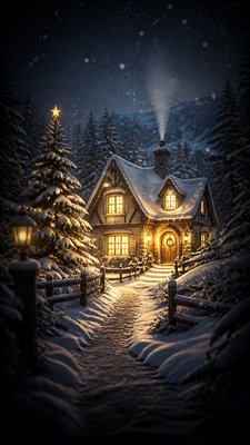 a snow-covered cottage with warm glowing windows beside a decorated pine tree, gentle snowfall, no text