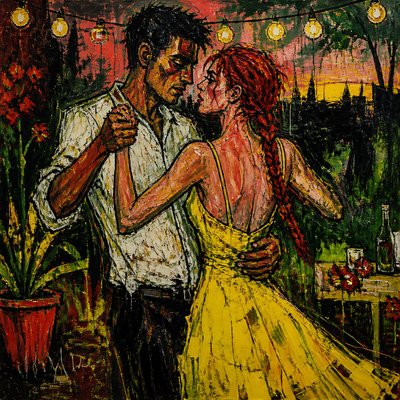 an original couple dancing under string lights in a garden at dusk: a man with short black hair in a linen shirt and a woman with braided red hair in a summer dress