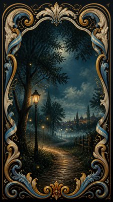 a mysterious forest path with fireflies and drifting mist, atmospheric vertical composition with open space at the top, no text