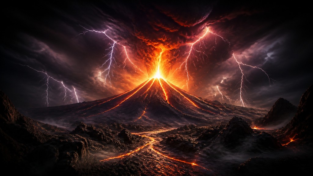 an erupting volcano with lightning strikes, dramatic wide composition, no text