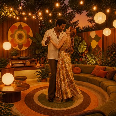 an original couple dancing under string lights in a garden at dusk: a man with short black hair in a linen shirt and a woman with braided red hair in a summer dress
