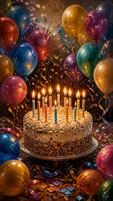 a birthday cake with lit candles surrounded by balloons and confetti, festive vertical composition, no text